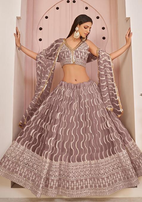 Pink Thread Sequin Embroidered Net Lehenga
