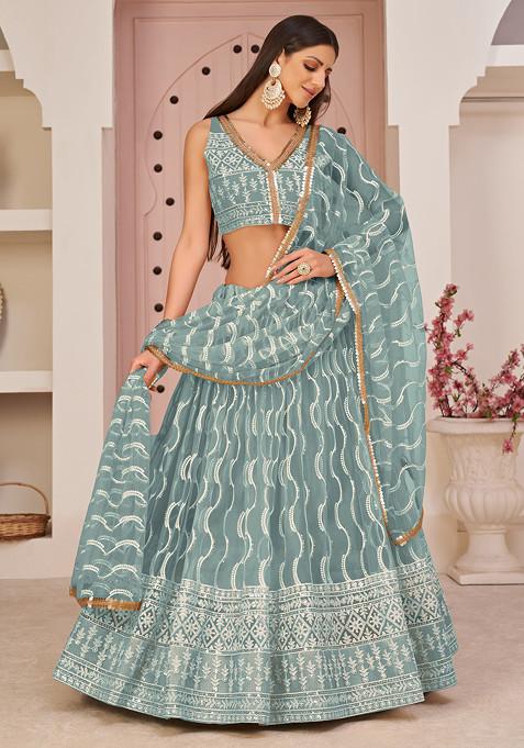 Sky Blue Sequin Embroidered Net Lehenga