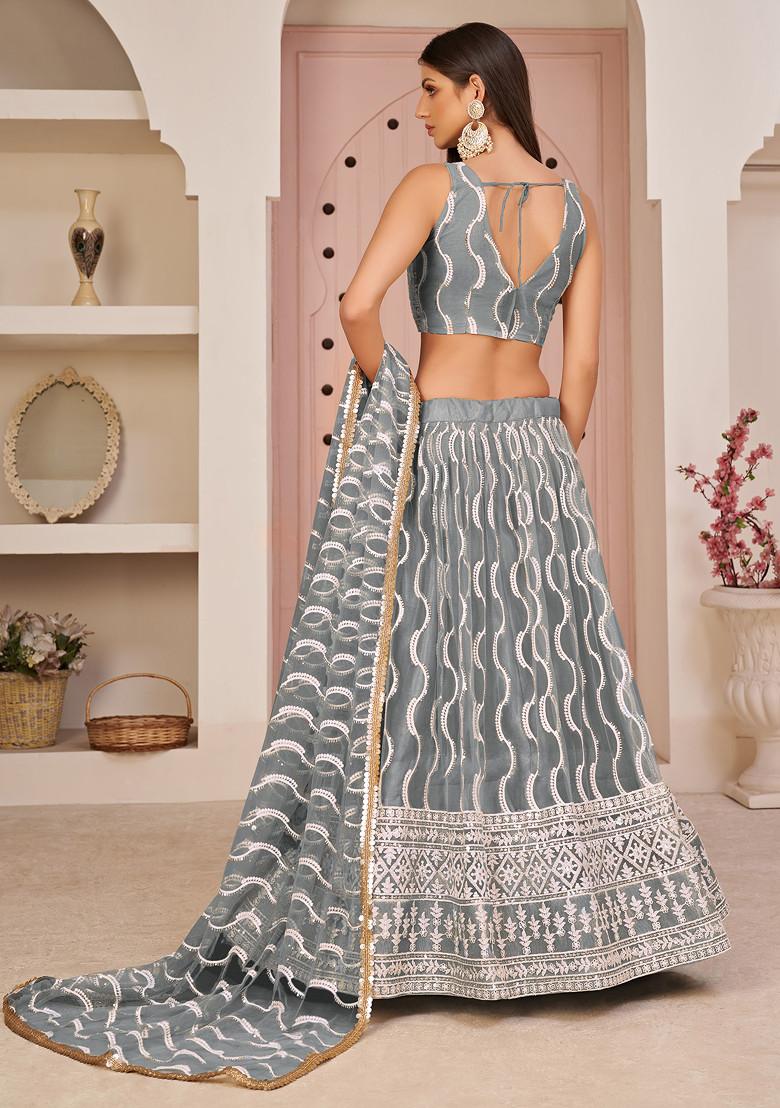 Grey Thread Sequin Embroidered Net Lehenga