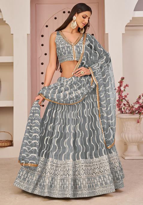 Grey Thread Sequin Embroidered Net Lehenga