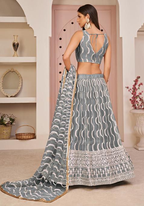 Grey Thread Sequin Embroidered Net Lehenga