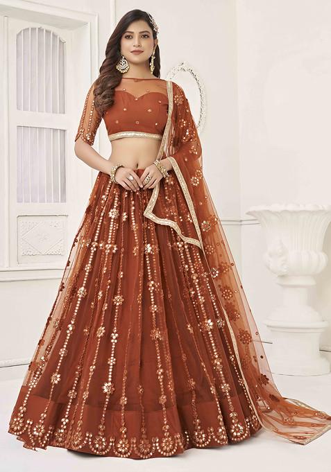 Brown Thread Sequin Embroidered Net Lehenga