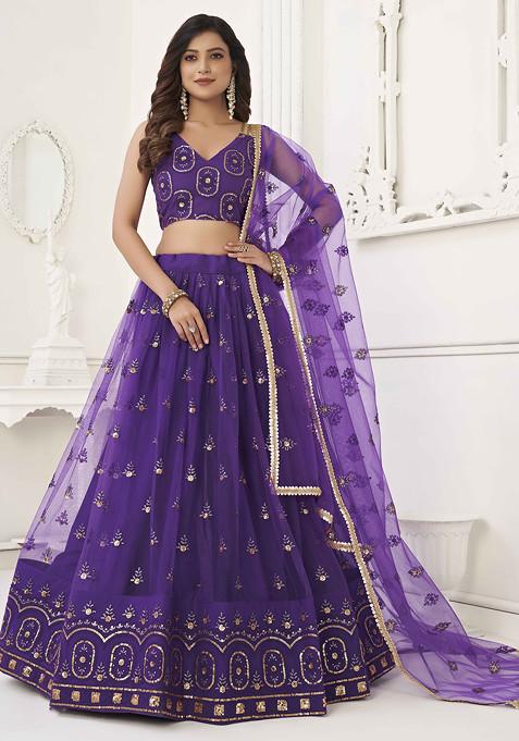 Purple Thread Sequin Embroidered Net Lehenga