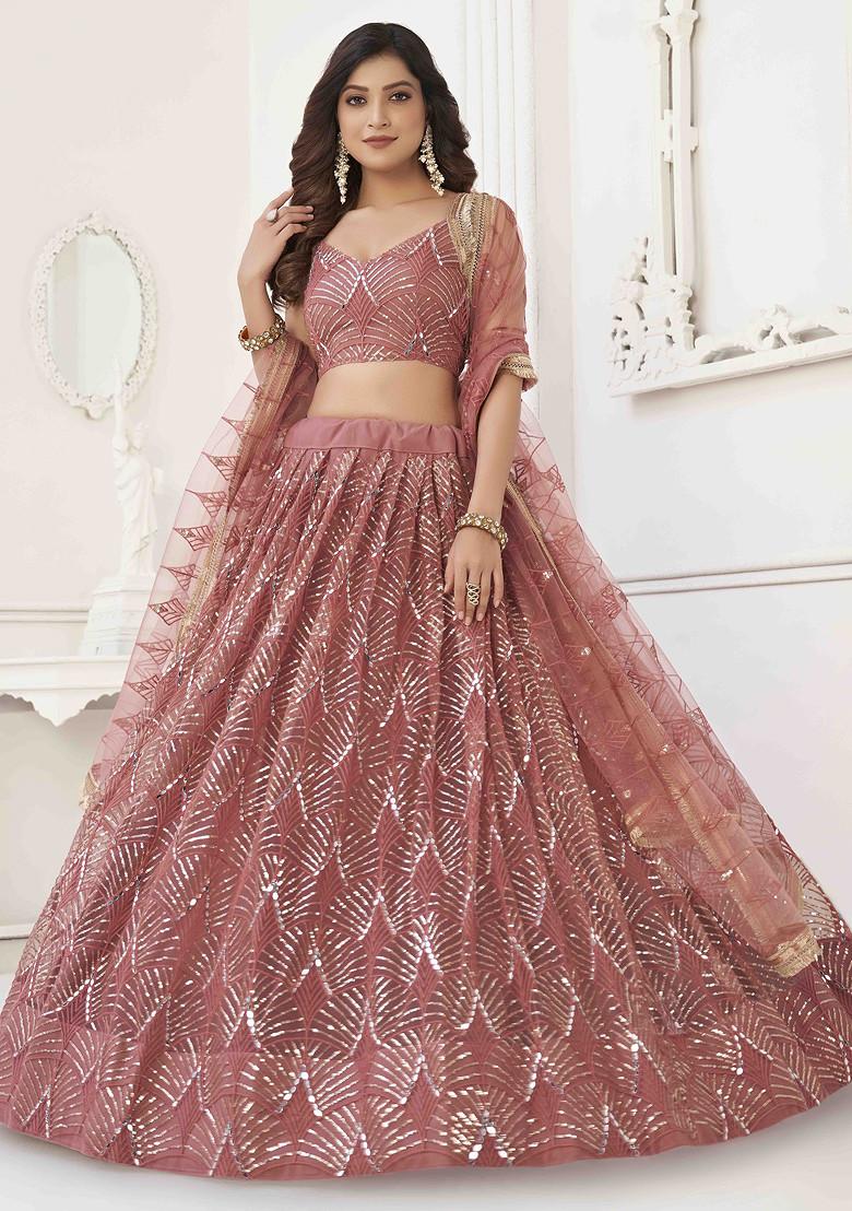 Onion Pink Thread Sequin Embroidered Net Lehenga