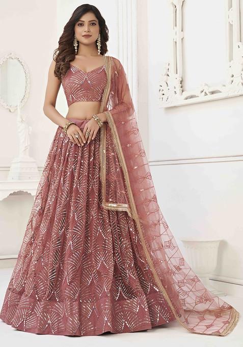 Onion Pink Thread Sequin Embroidered Net Lehenga