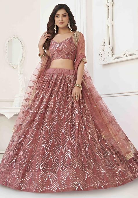 Onion Pink Thread Sequin Embroidered Net Lehenga