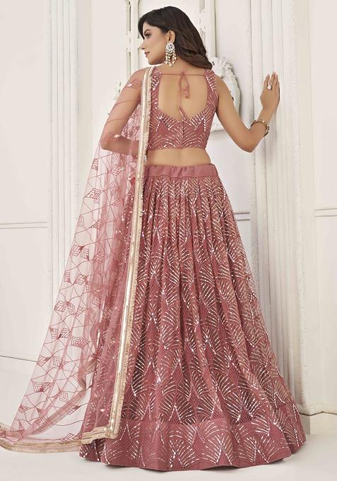 Onion Pink Thread Sequin Embroidered Net Lehenga