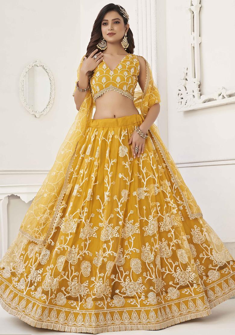Mustard Yellow Thread Sequin Embroidered Net Lehenga