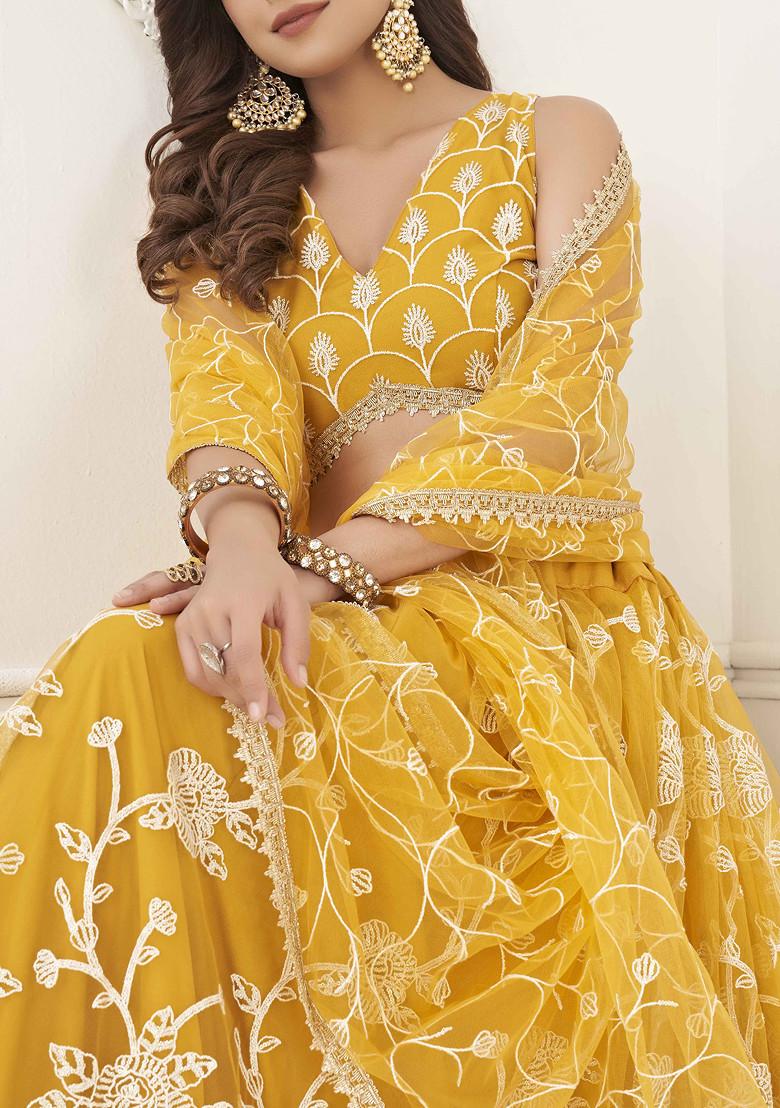 Mustard Yellow Thread Sequin Embroidered Net Lehenga