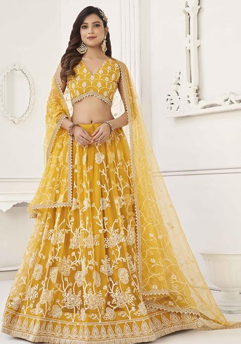 Mustard Yellow Thread Sequin Embroidered Net Lehenga