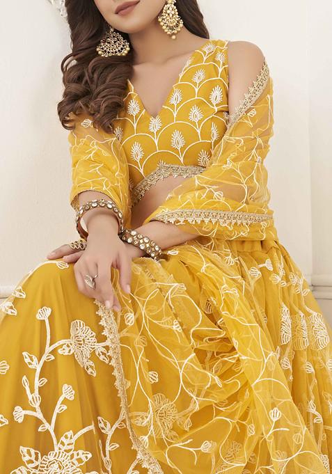 Mustard Yellow Thread Sequin Embroidered Net Lehenga