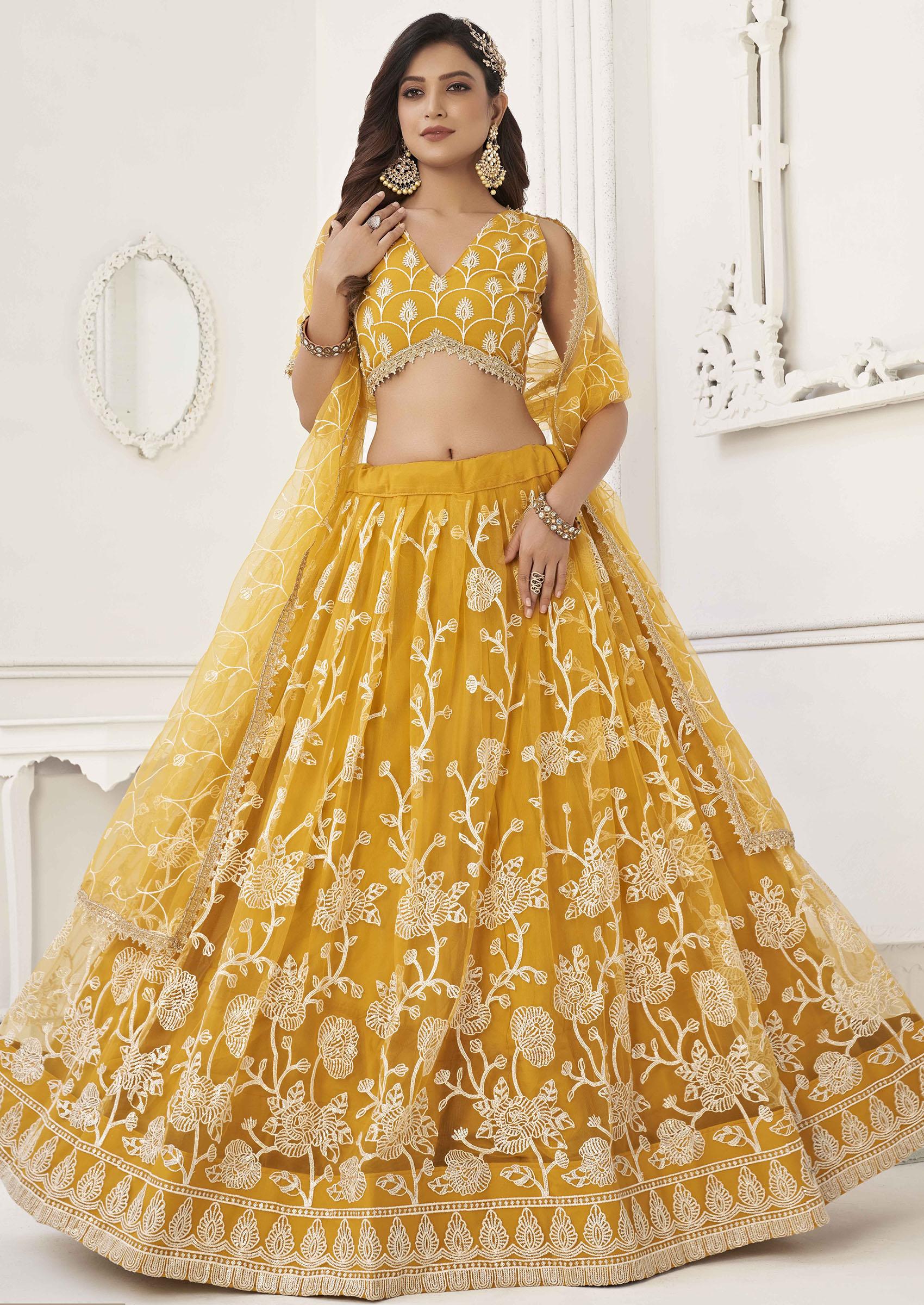 Mustard Yellow Thread Sequin Embroidered Net Lehenga - Indya