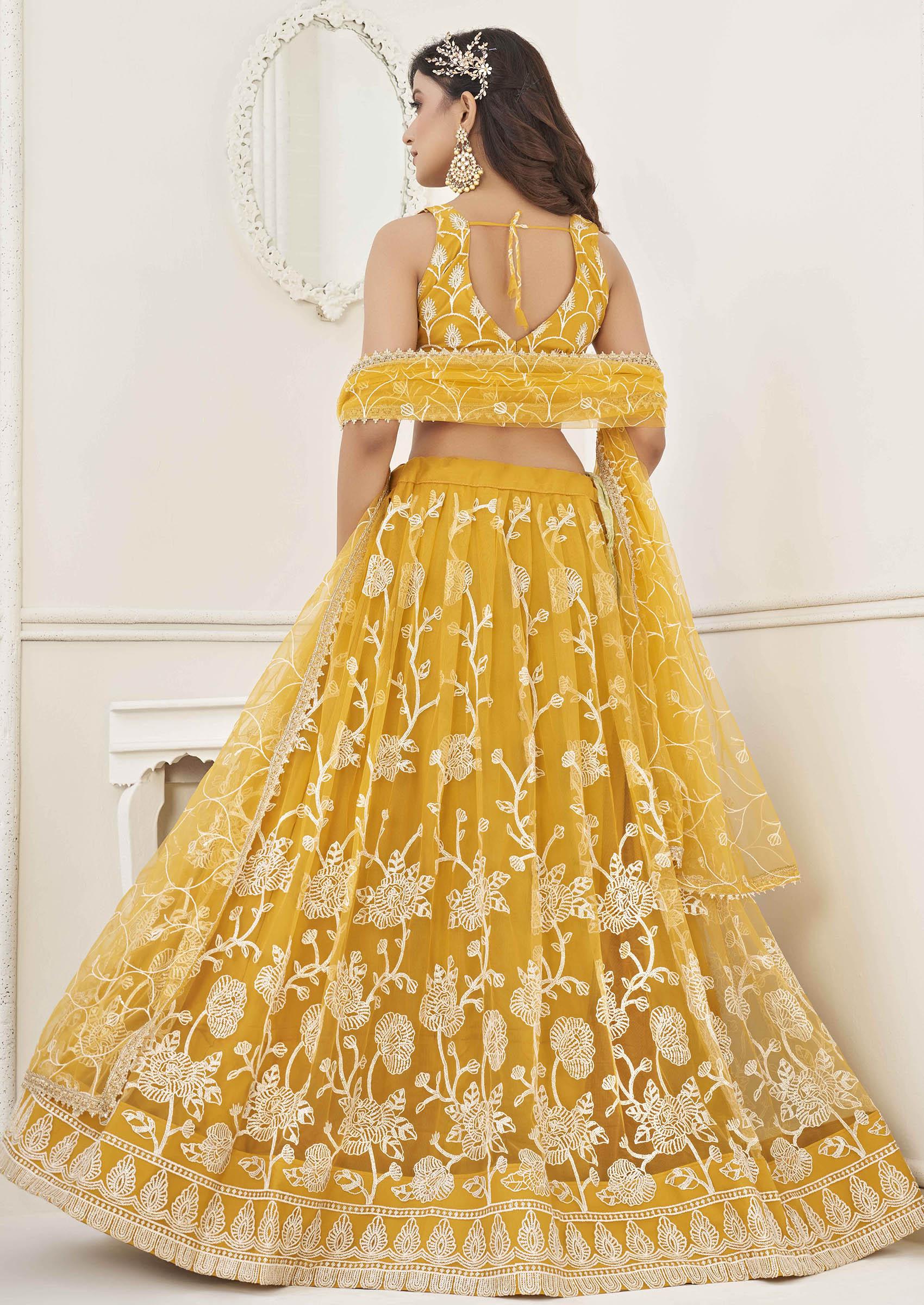 Mustard Yellow Thread Sequin Embroidered Net Lehenga - Indya