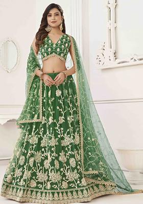 Green Thread Sequin Embroidered Net Lehenga