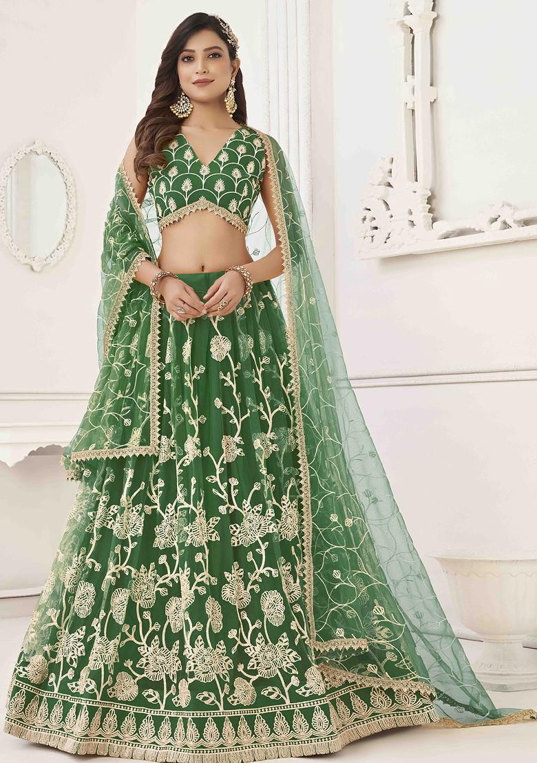 Green Thread Sequin Embroidered Net Lehenga