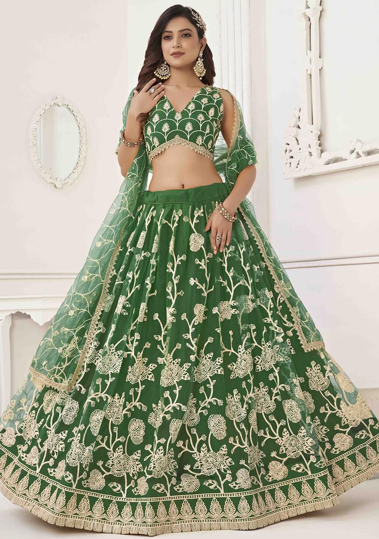 Green Thread Sequin Embroidered Net Lehenga