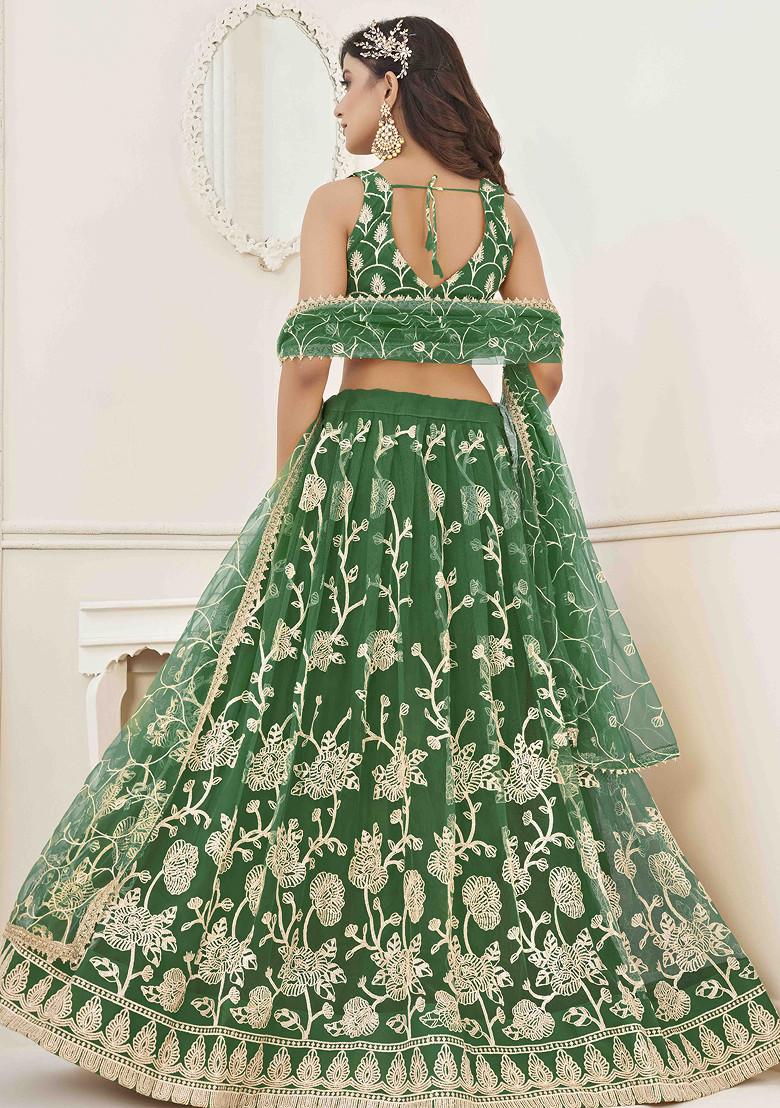 Green Thread Sequin Embroidered Net Lehenga