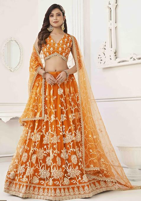 Orange Thread Sequin Embroidered Net Lehenga