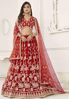Red Thread Sequin Embroidered Net Lehenga