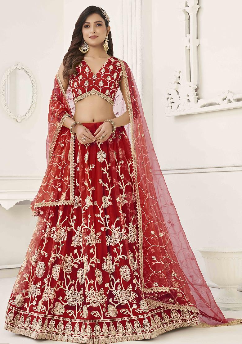 Red Thread Sequin Embroidered Net Lehenga
