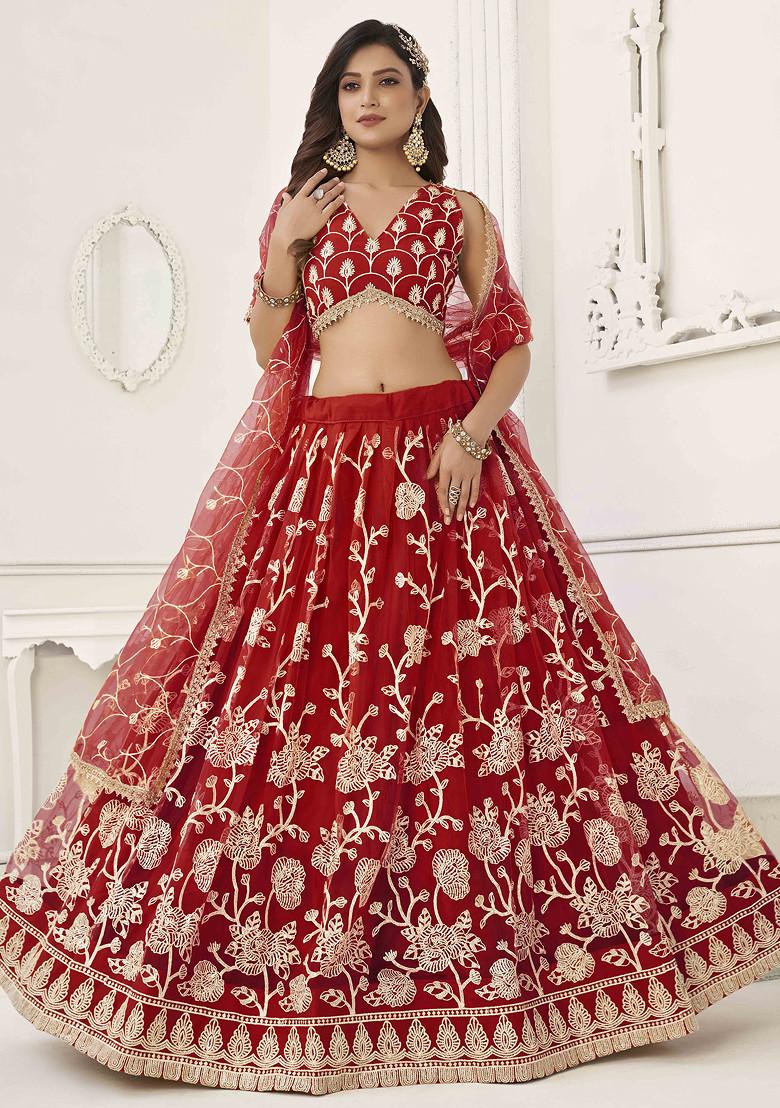 Red Thread Sequin Embroidered Net Lehenga