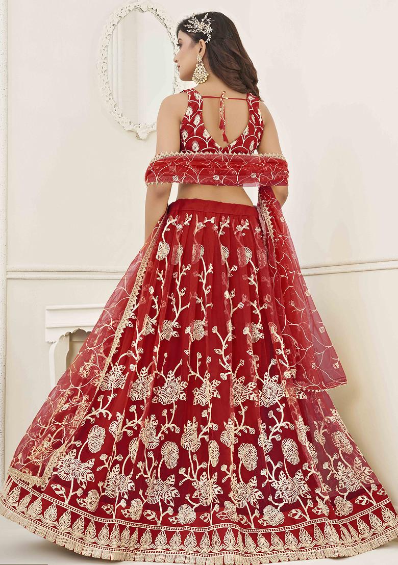 Red Thread Sequin Embroidered Net Lehenga