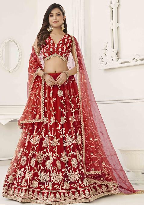 Red Thread Sequin Embroidered Net Lehenga