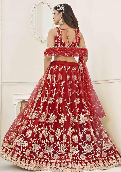 Red Thread Sequin Embroidered Net Lehenga