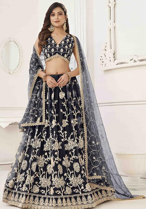 Black Thread Sequin Embroidered Net Lehenga