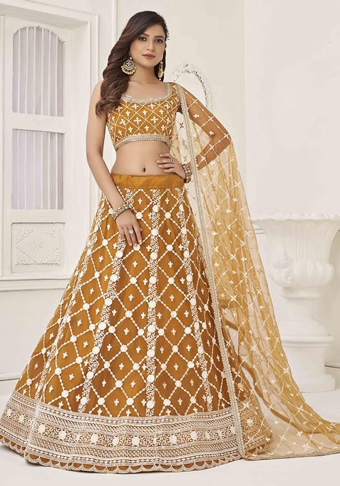 Brown Sequin Thread Embroidered Net Lehenga