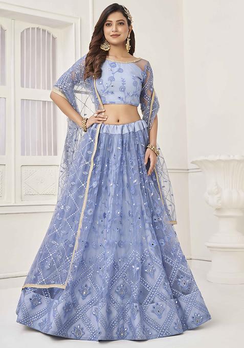 Neon Blue Sequin Thread Embroidered Net Lehenga