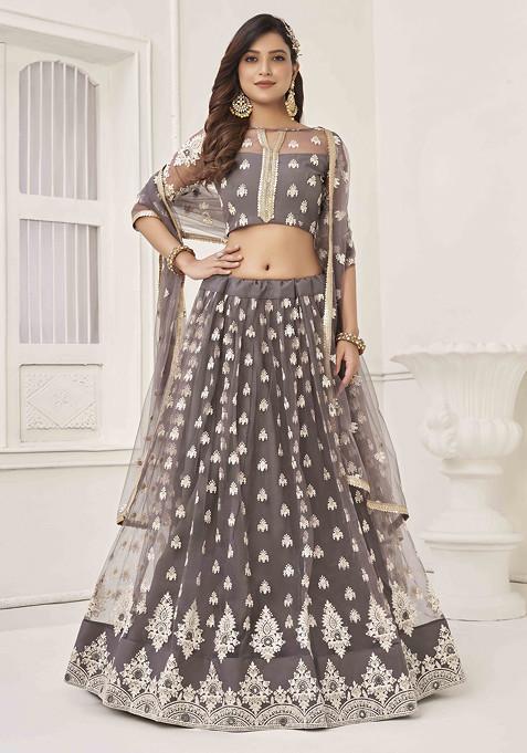 Space Grey Sequin Thread Embroidered Net Lehenga