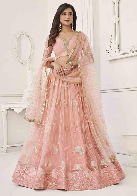 Peach Sequin Thread Embroidered Net Lehenga