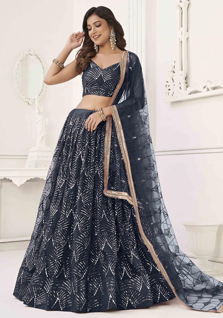 Black Sequin Thread Embroidered Net Lehenga