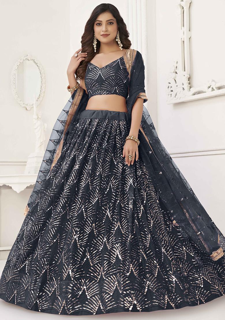 Black Sequin Thread Embroidered Net Lehenga