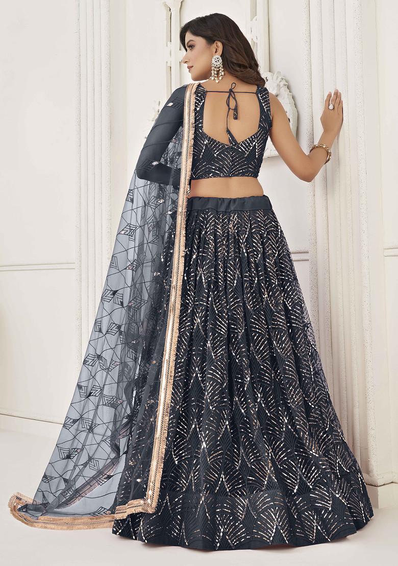 Black Sequin Thread Embroidered Net Lehenga