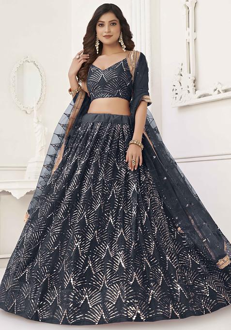 Black Sequin Thread Embroidered Net Lehenga