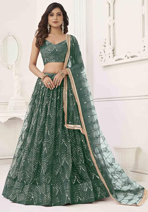 Green Sequin Thread Embroidered Net Lehenga