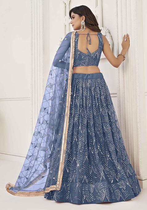 Blue Thread Embroidered Net Lehenga