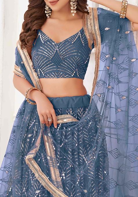 Blue Thread Embroidered Net Lehenga