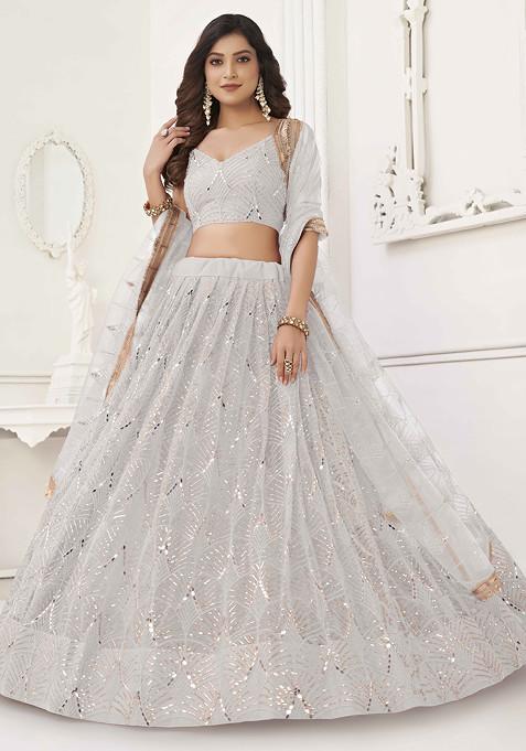 Off White Sequin Thread Embroidered Net Lehenga