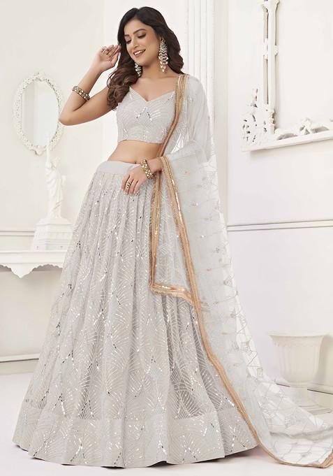 Off White Sequin Thread Embroidered Net Lehenga