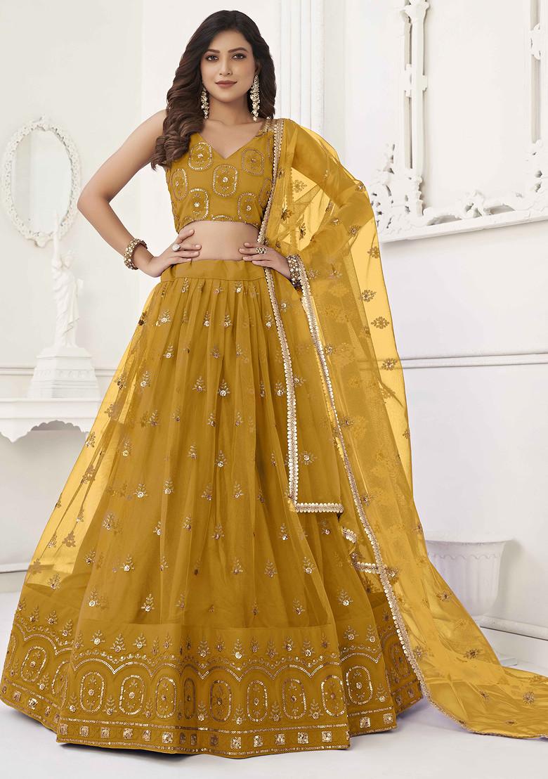 Mustard Yellow Sequin Thread Embroidered Net Lehenga