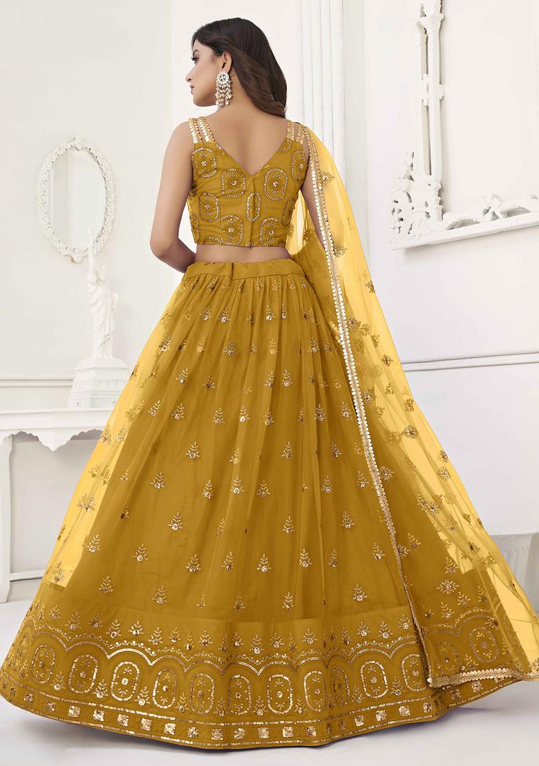 Mustard Yellow Sequin Thread Embroidered Net Lehenga - Indya