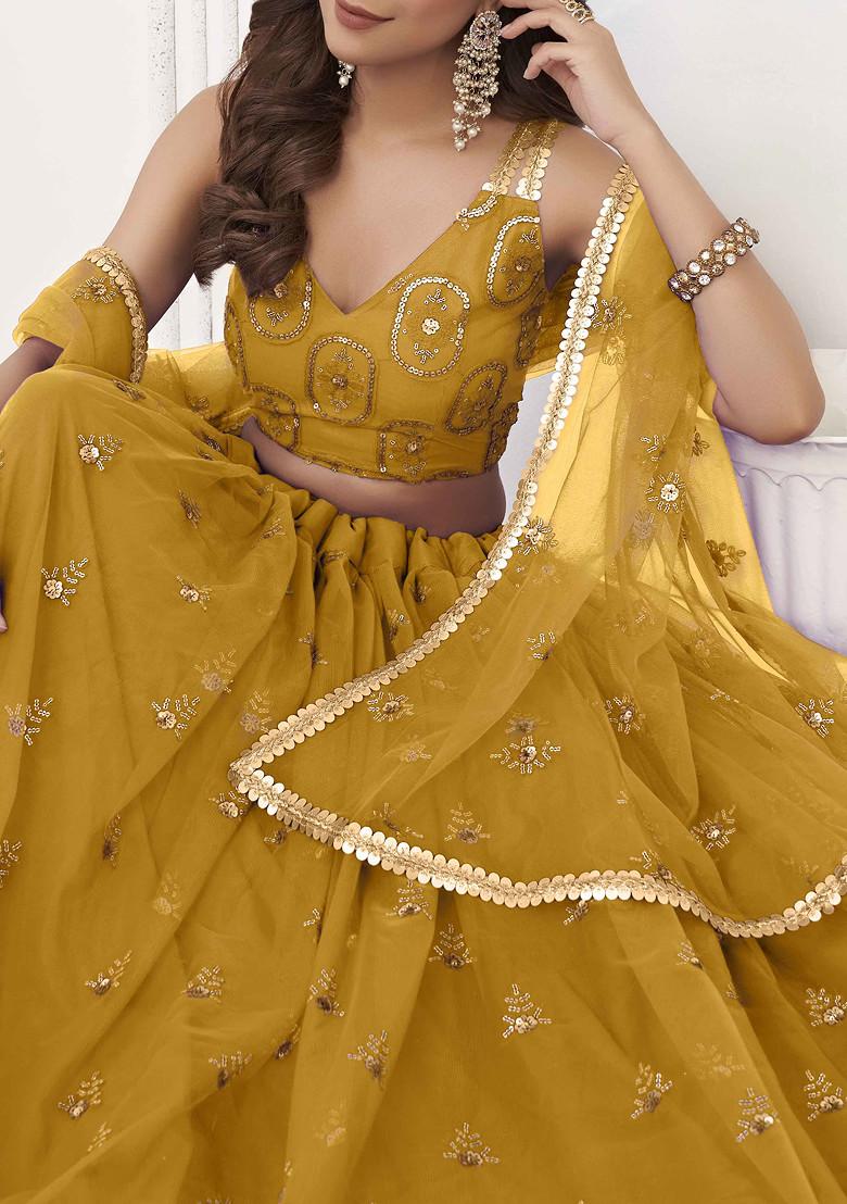 Mustard Yellow Sequin Thread Embroidered Net Lehenga