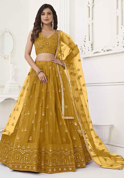 Mustard Yellow Sequin Thread Embroidered Net Lehenga