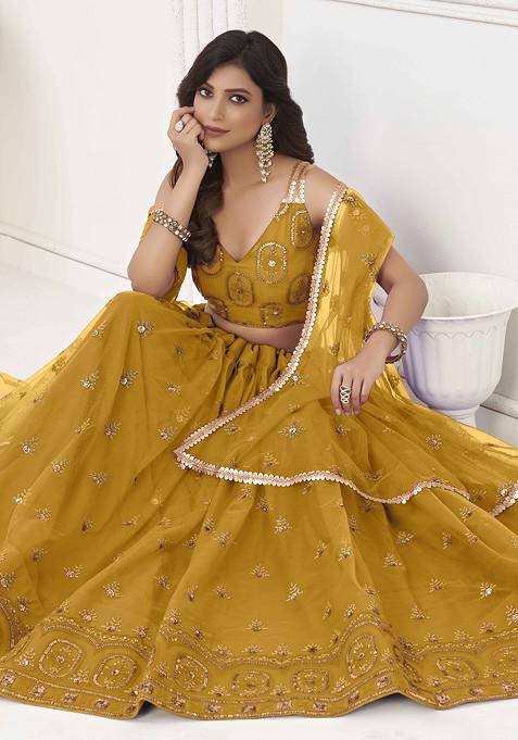 Mustard Yellow Sequin Thread Embroidered Net Lehenga