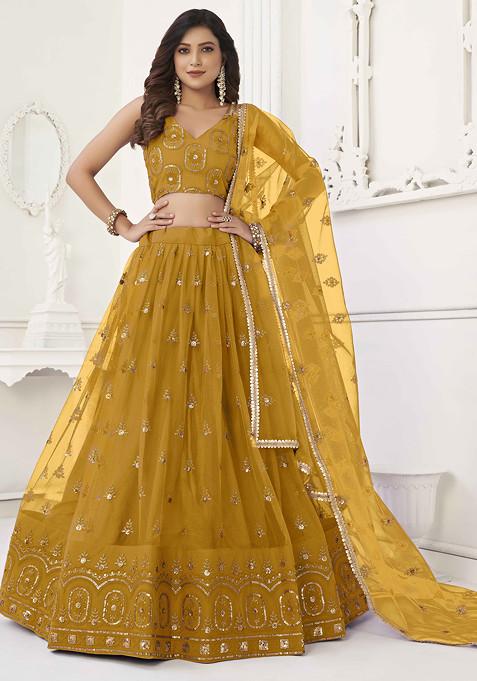 Mustard Yellow Sequin Thread Embroidered Net Lehenga