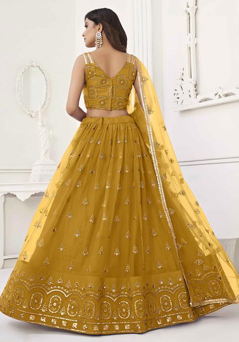 Mustard Yellow Sequin Thread Embroidered Net Lehenga