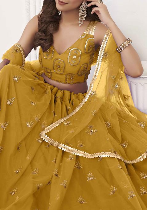 Mustard Yellow Sequin Thread Embroidered Net Lehenga